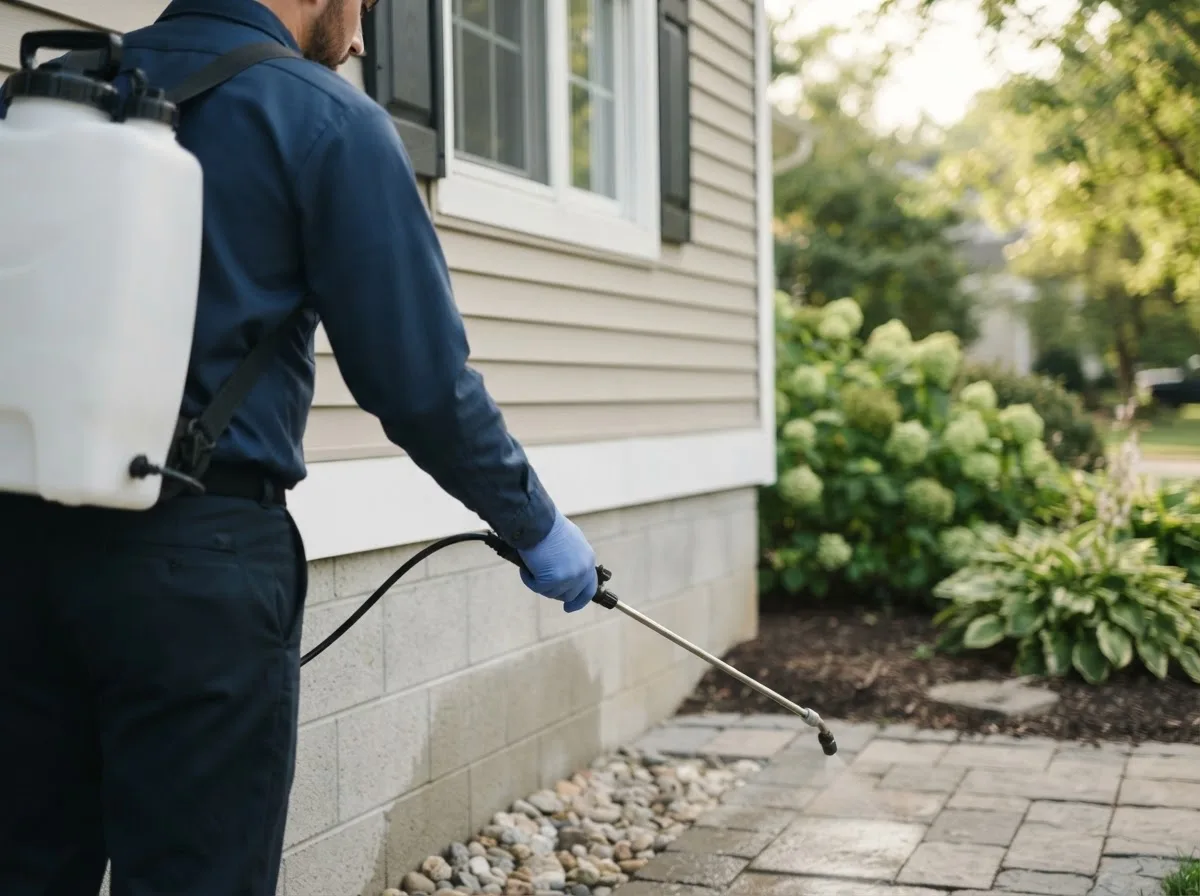 Pest control technician inspecting a home in Monson, ME